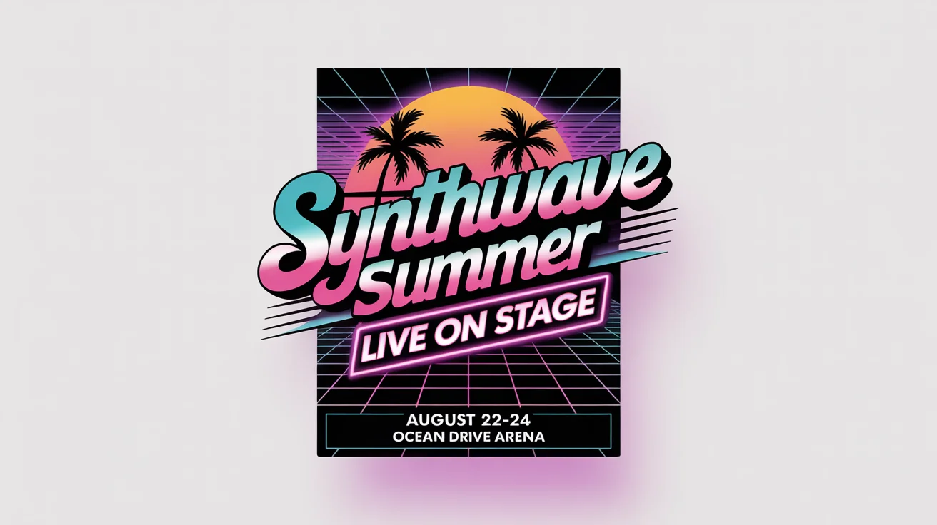 A mockup of a retro 80s-style banner for a 'Synthwave Summer' music festival, featuring neon colors, chrome text, and palm tree silhouettes, displayed against a white background.