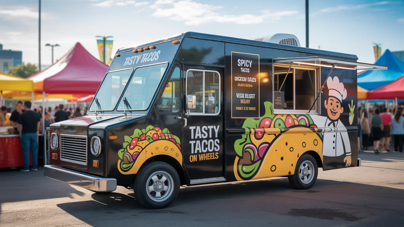 A professionally wrapped food truck for 'Tasty Tacos on Wheels' parked in a sunny location. The vibrant wrap design features colorful illustrations of tacos and a chef, with a clear menu displayed on the side.