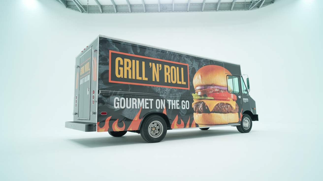 A modern food truck mockup featuring a custom 'GRILL 'N' ROLL' wrap with a large burger graphic, shown against a plain white background.