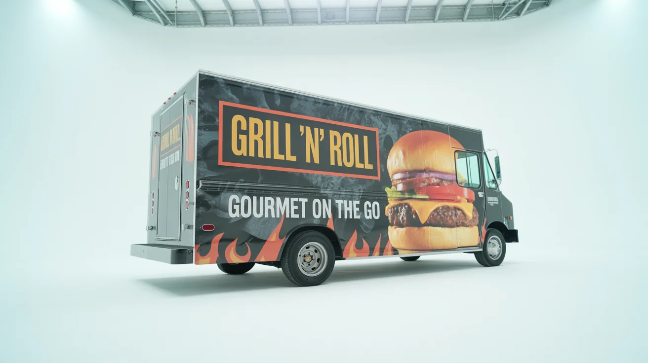 A modern food truck mockup featuring a custom 'GRILL 'N' ROLL' wrap with a large burger graphic, shown against a plain white background.