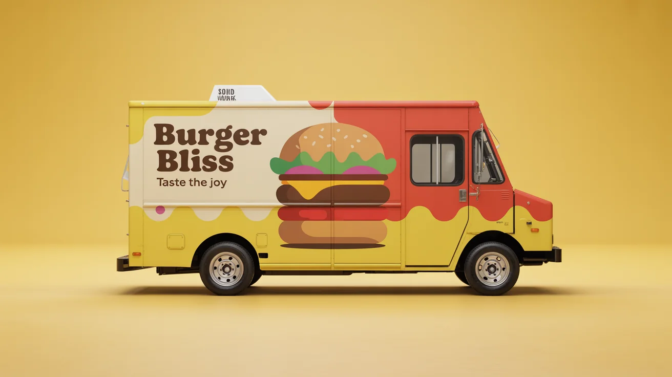 A modern food truck featuring a vibrant 'Burger Bliss' wrap design with a large burger illustration, shown against a clean white background.