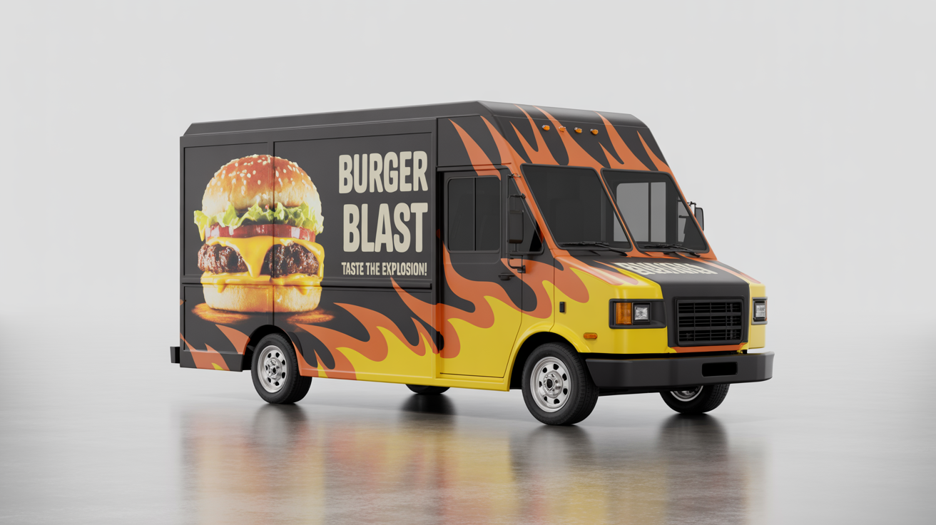 A modern food truck with a vibrant 'BURGER BLAST' wrap design, featuring a large, delicious-looking burger and flame graphics, presented as a professional mockup on a clean white background.