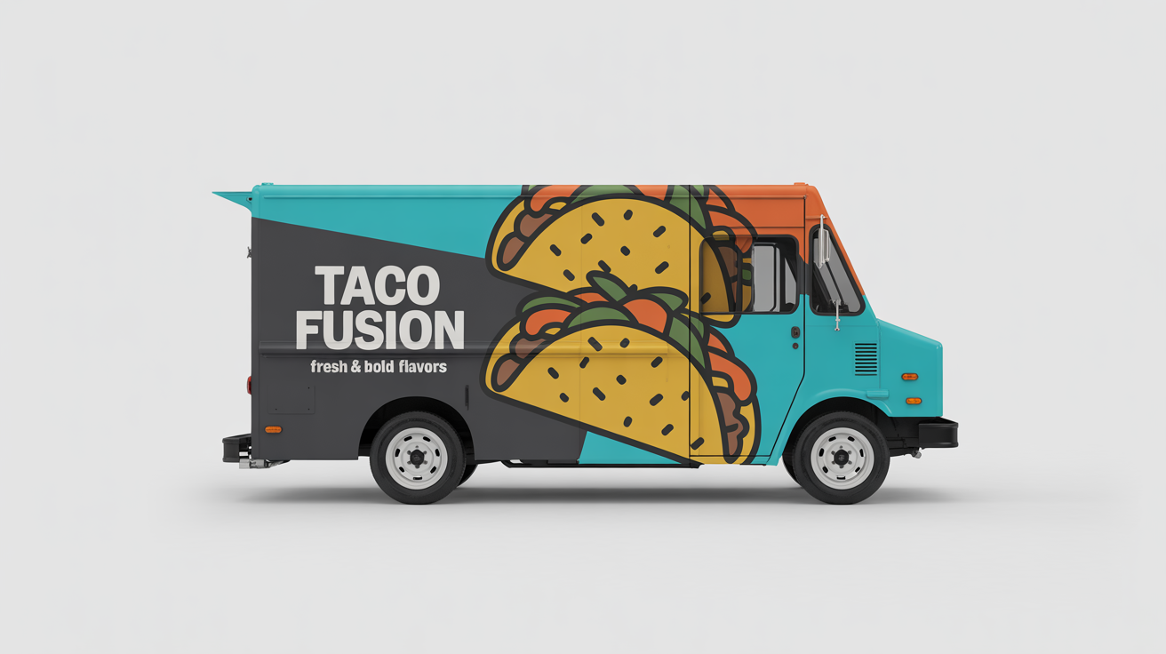 A modern food truck mockup on a white background, featuring a vibrant 'Taco Fusion' wrap design with illustrations of tacos and the tagline 'Fresh & Bold Flavors'.