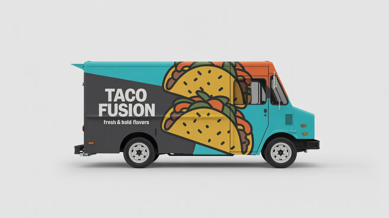 A modern food truck mockup on a white background, featuring a vibrant 'Taco Fusion' wrap design with illustrations of tacos and the tagline 'Fresh & Bold Flavors'.