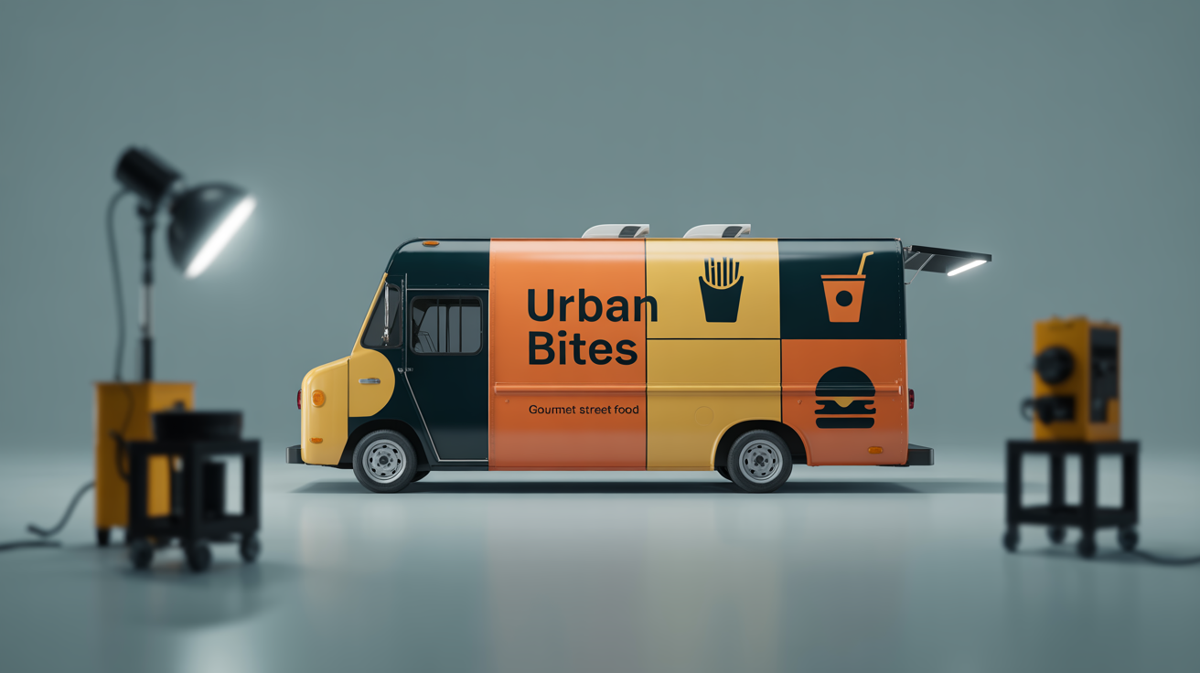 A professional mockup of a modern food truck featuring a vibrant orange, yellow, and black wrap design with the brand name 'Urban Bites' and 'Gourmet Street Food' text.