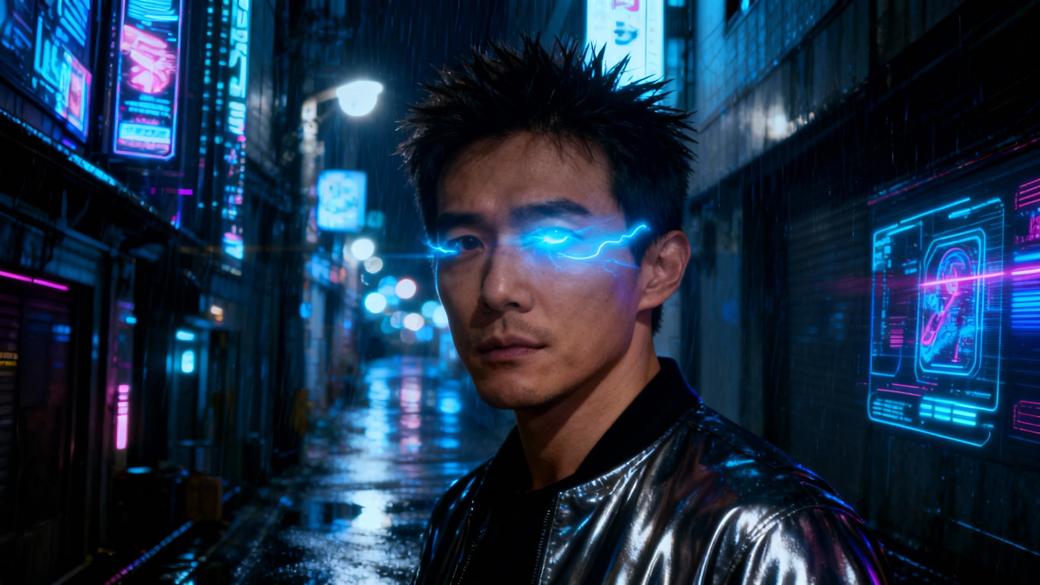 A dramatic, high-quality image of a man in a neon-lit cyberpunk alley, his eyes glowing with an intense electric blue light, demonstrating a perfectly applied visual effect.