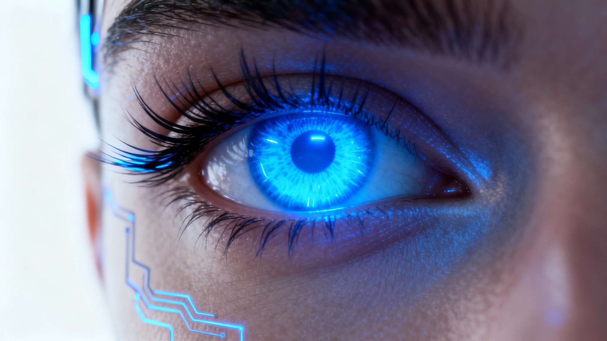 A hyper-realistic close-up of a human eye glowing with a bright blue neon light, featuring subtle cyberpunk-style cybernetics on the skin, all against a clean white background.