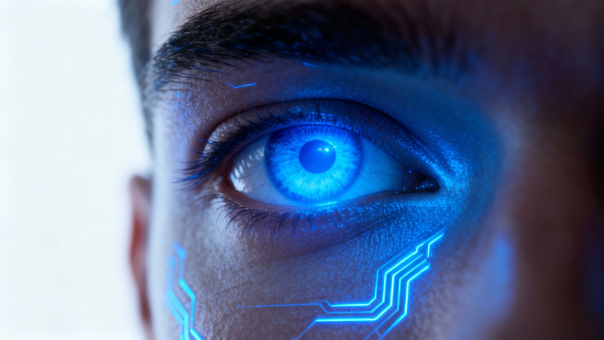 A hyper-realistic, extreme close-up of a human eye with a bright, electric blue cyberpunk glow, set against a stark white background.