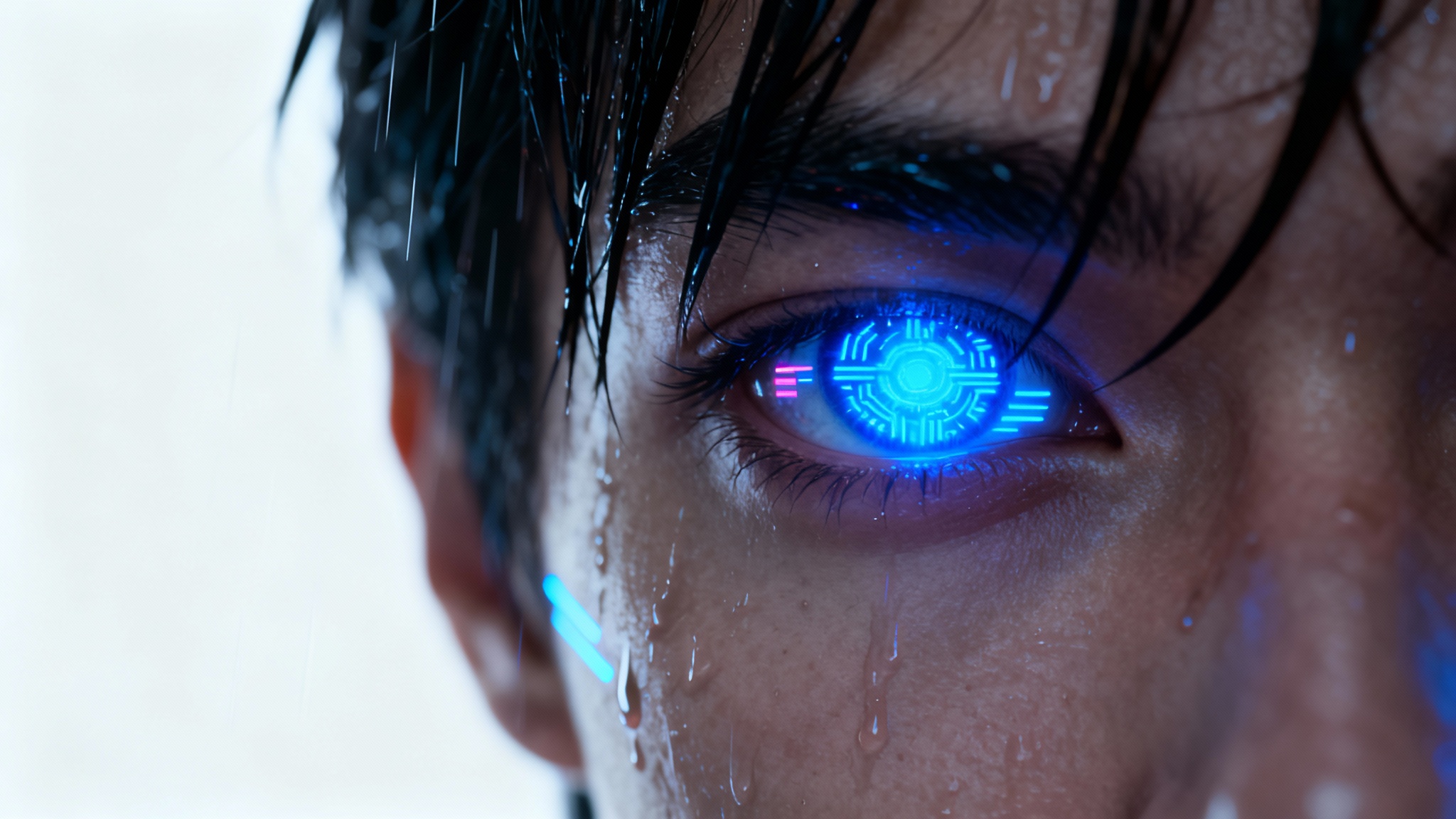 A hyper-realistic close-up of a character's eye glowing with a bright blue light in a cyberpunk style, isolated against a white background.