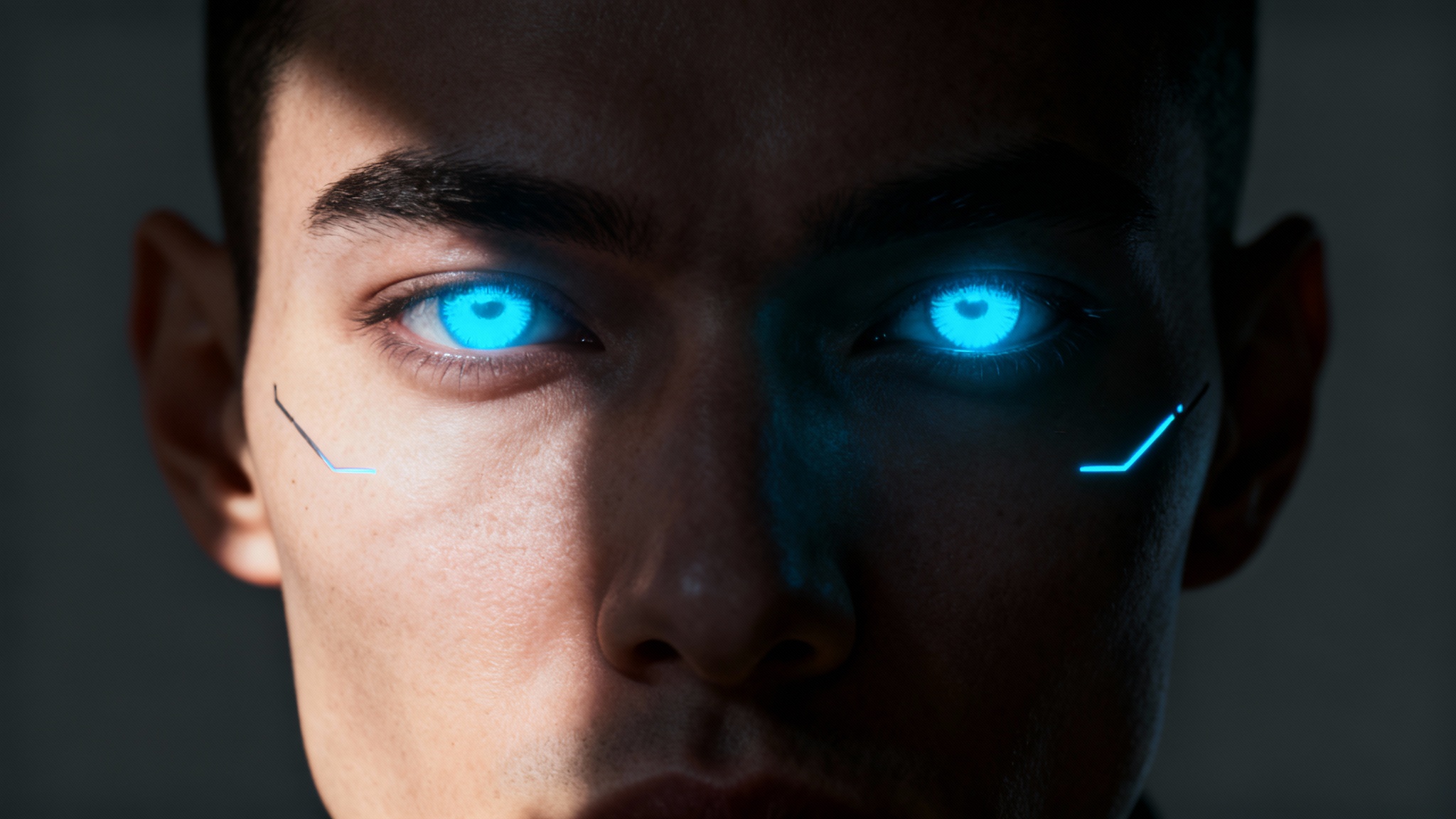 A hyper-realistic close-up of a person with glowing blue cyberpunk eyes, set against a dark, minimalist background.