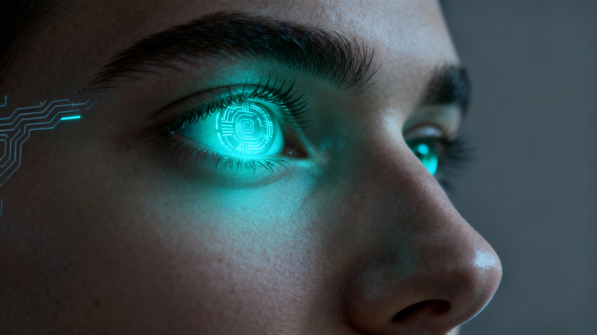 A dramatic close-up of a person's eye glowing with a bright, neon cyan light, set against a dark, minimalist background, illustrating a cyberpunk effect.