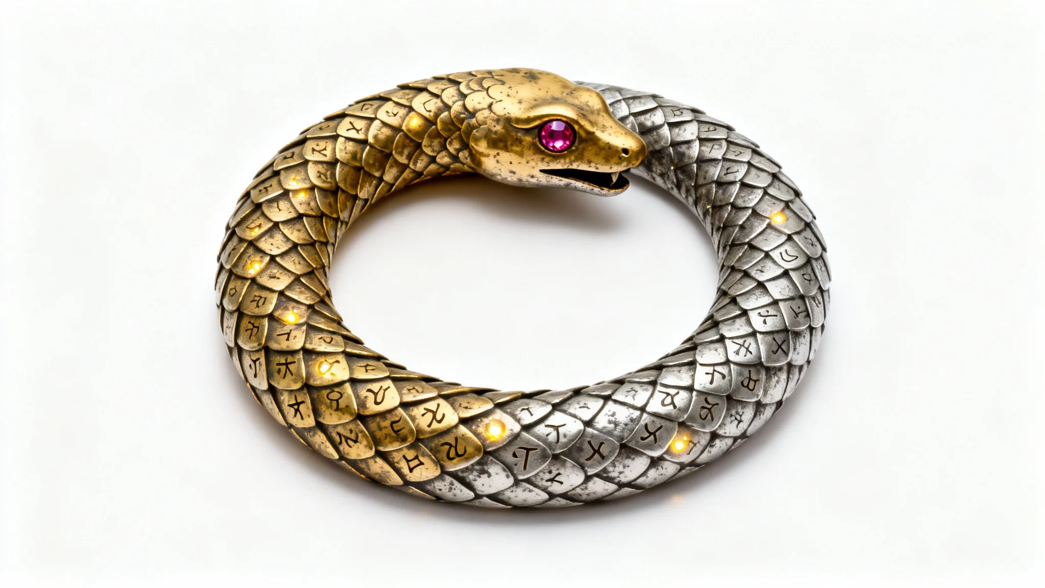 An intricate, circular alchemy symbol of a golden and silver serpent eating its tail, set against a stark white background.