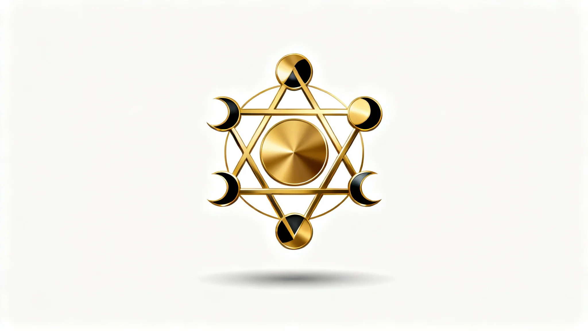 A modern, minimalist alchemy symbol rendered in gold and black, casting a soft shadow on a clean white background.
