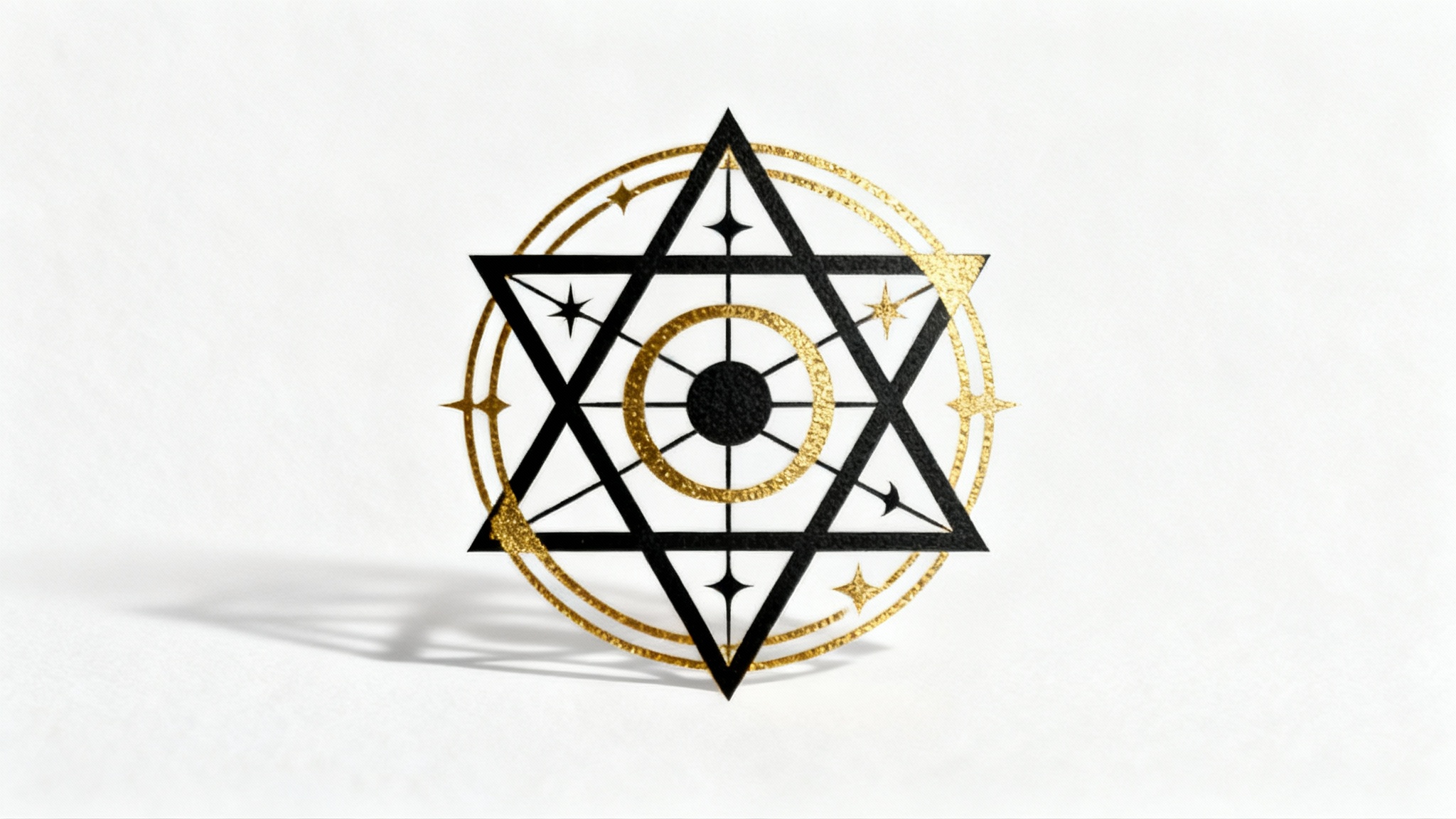 A sophisticated mockup of a modern alchemy symbol, designed with intricate black lines and shimmering gold foil highlights, presented on a clean white background.