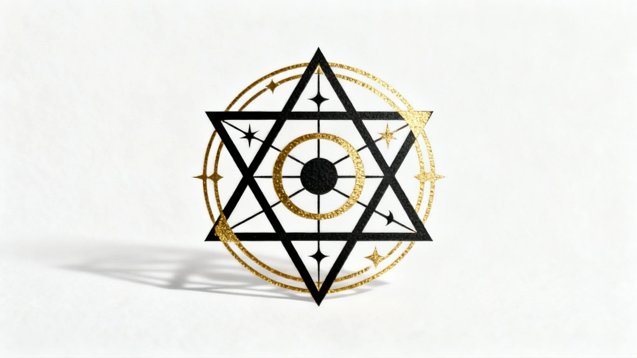 A sophisticated mockup of a modern alchemy symbol, designed with intricate black lines and shimmering gold foil highlights, presented on a clean white background.