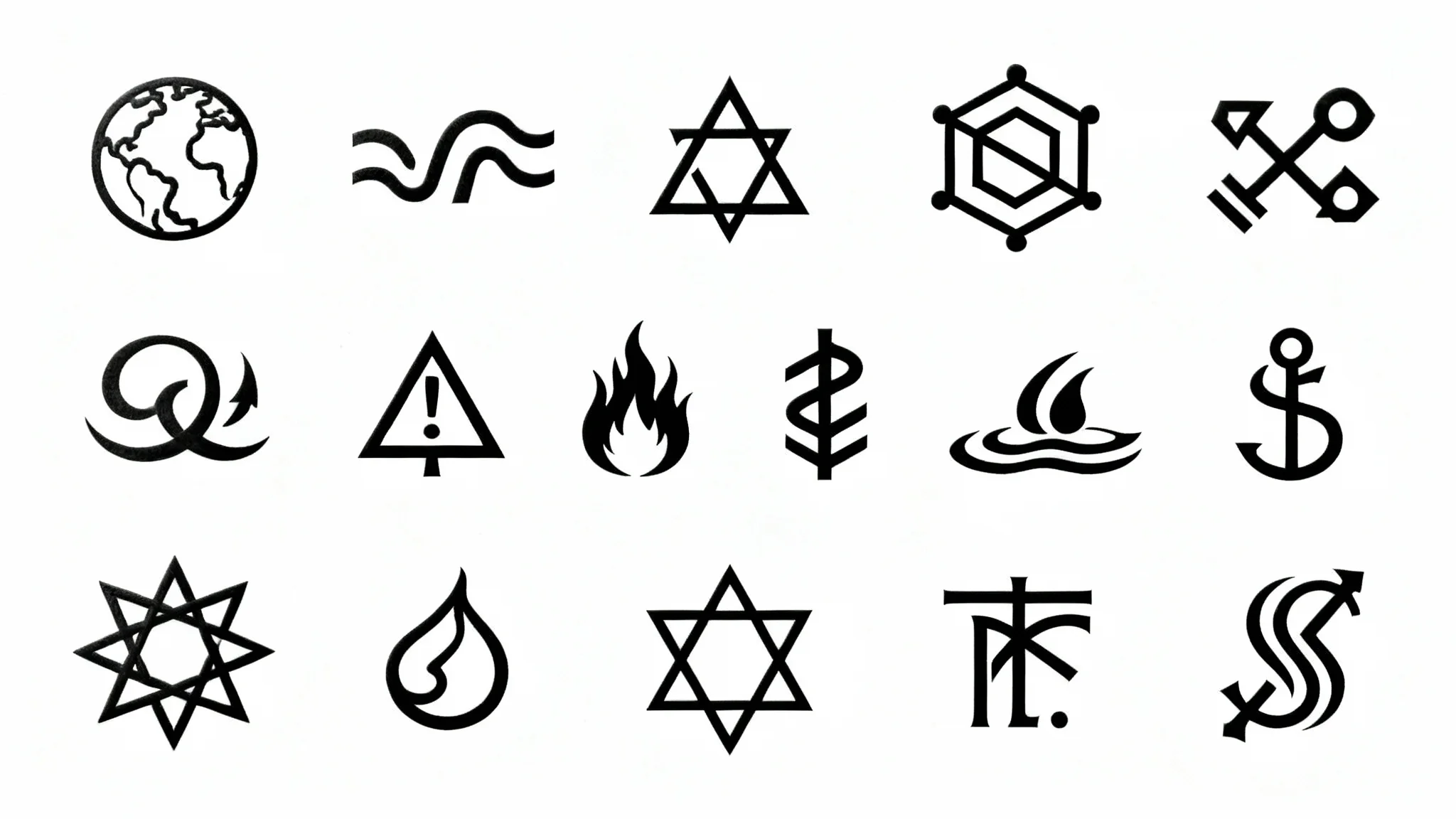 A collection of black, graphically-styled alchemy symbols, including triangles for the elements, neatly arranged against a plain white background.
