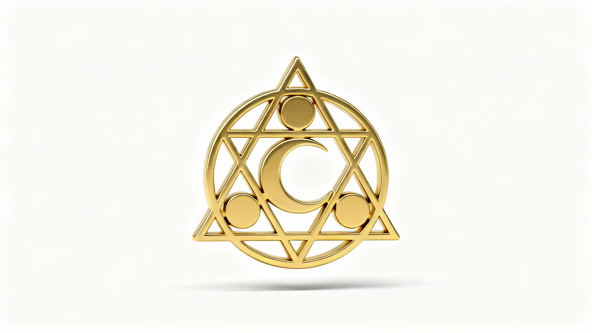 A close-up of a single, intricate alchemy symbol made of polished gold, featuring interlocking geometric shapes, floating over a plain white background.