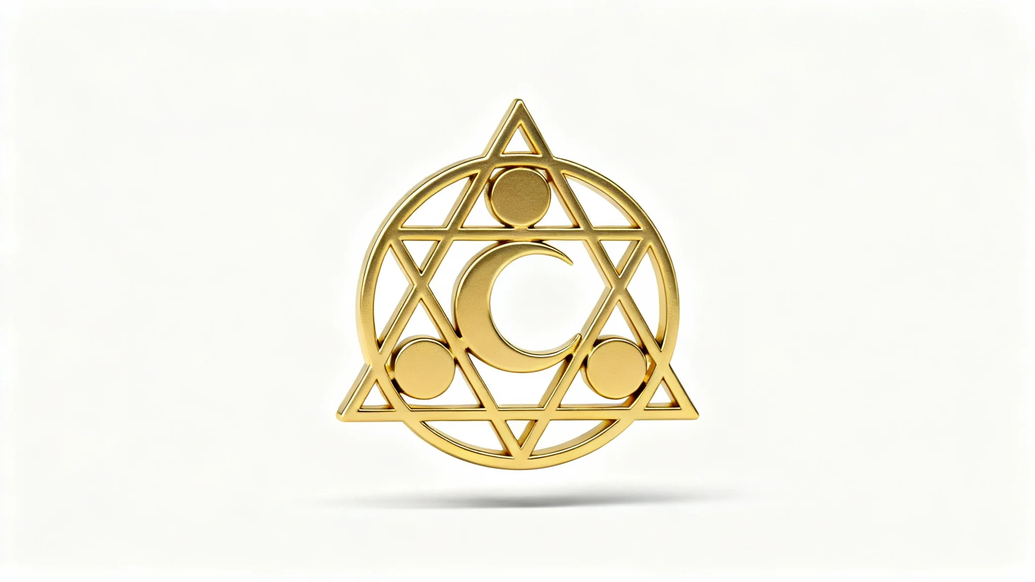 A close-up of a single, intricate alchemy symbol made of polished gold, featuring interlocking geometric shapes, floating over a plain white background.