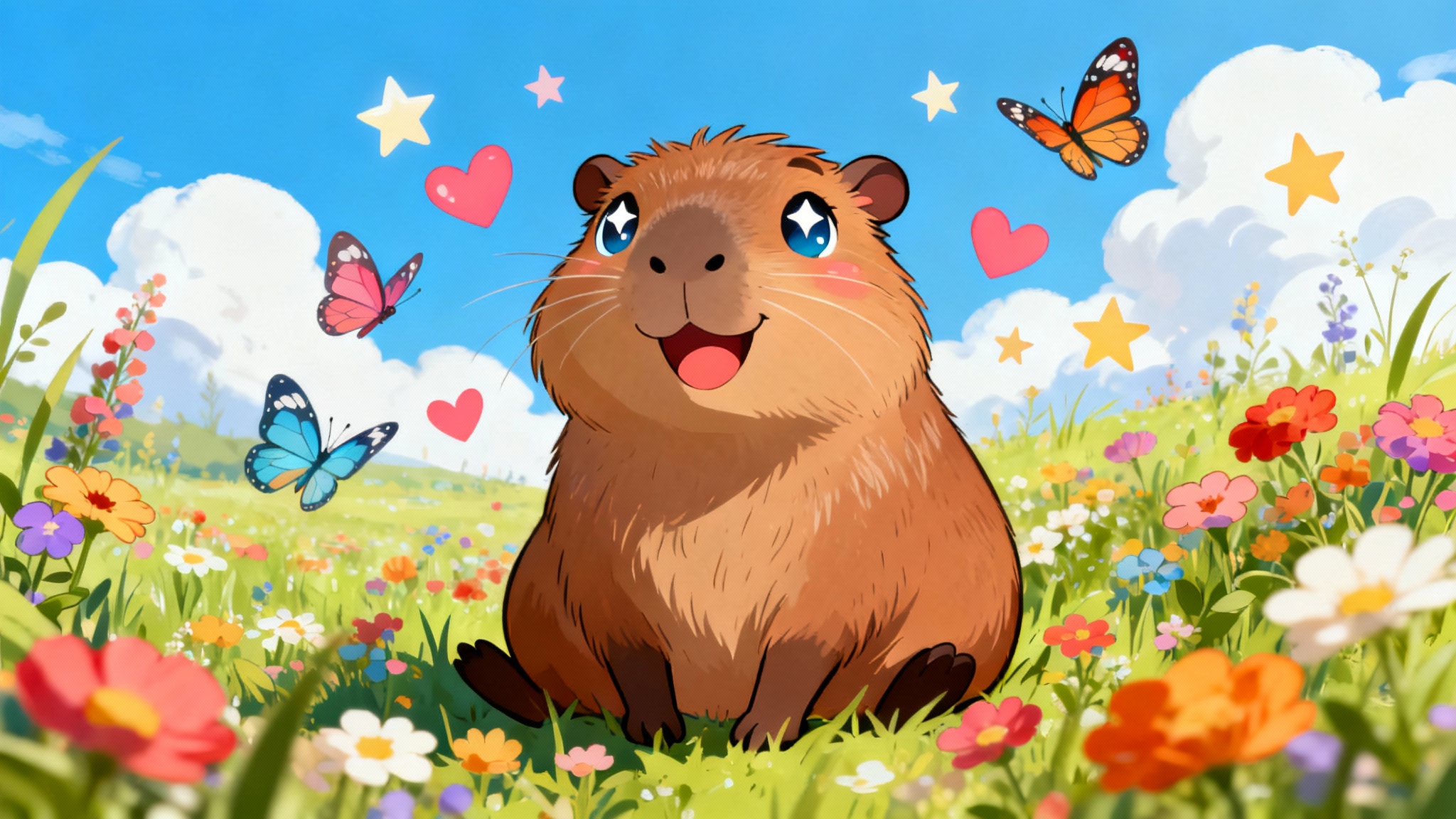 A vibrant and polished digital illustration of a cute kawaii capybara sitting in a colorful meadow, representing the final output of an art generator.