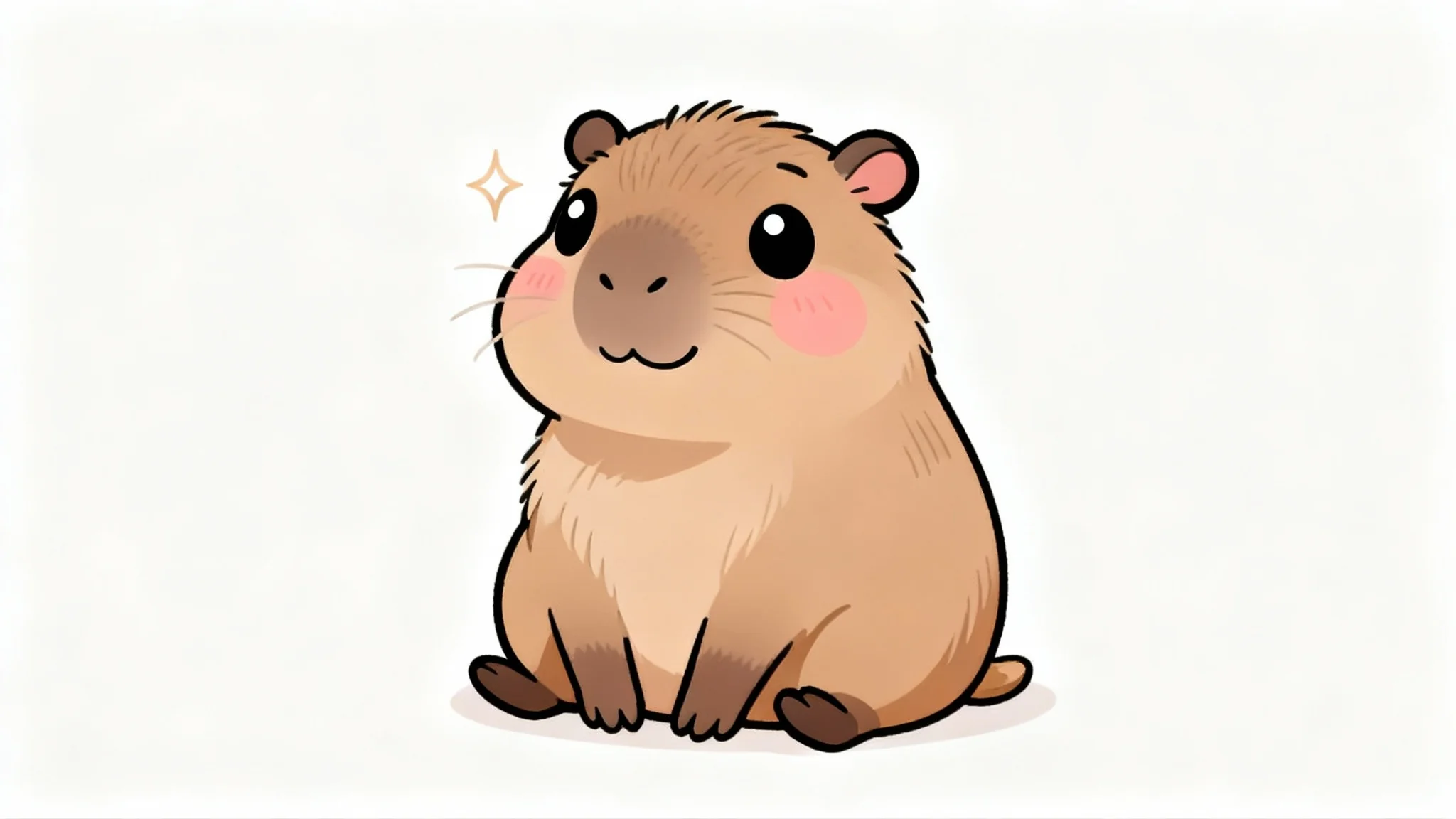 A cute, kawaii-style digital illustration of a happy capybara with big eyes and rosy cheeks, sitting down and smiling, isolated against a plain white background.
