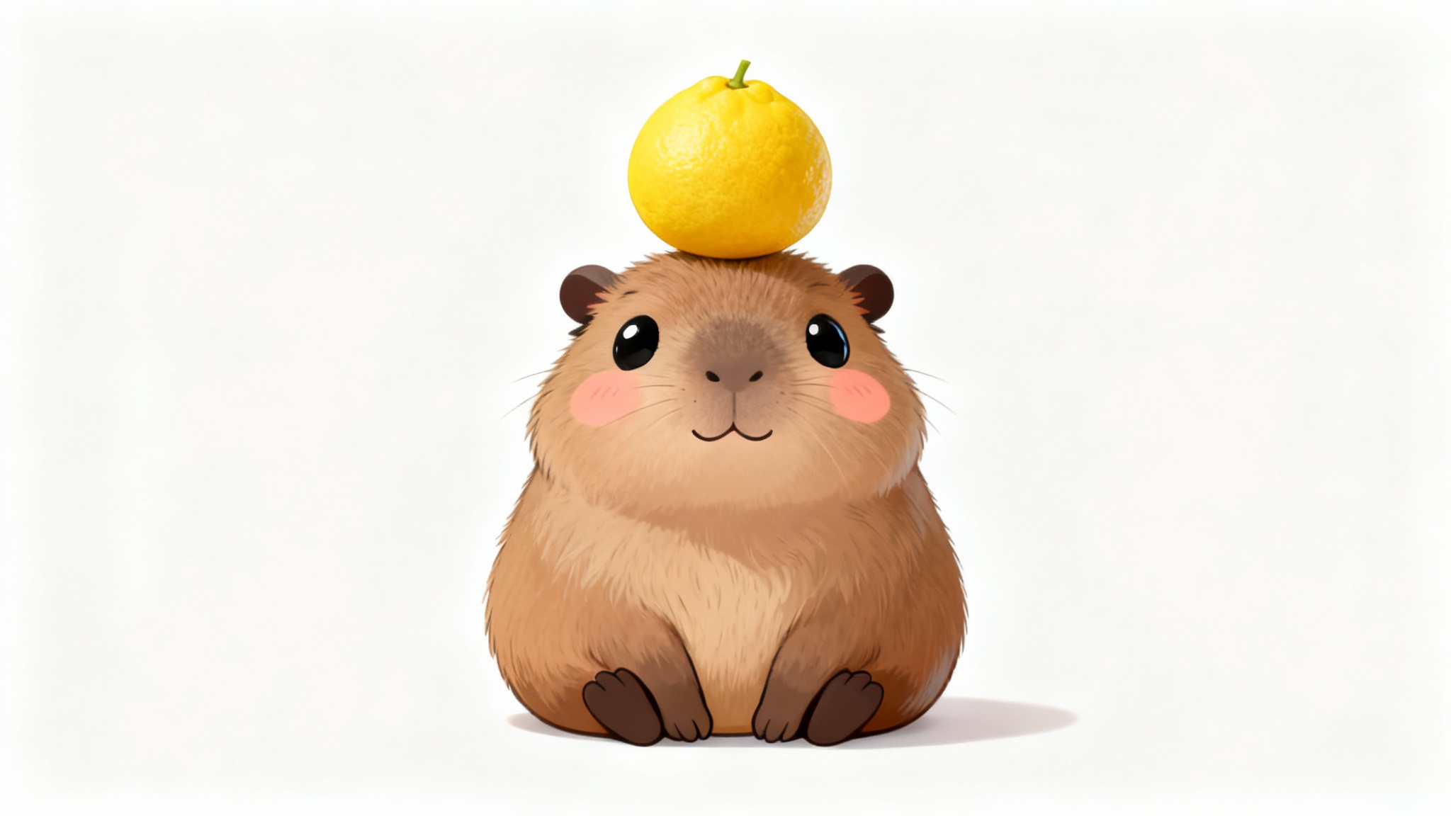 A cute digital illustration of a kawaii-style capybara with rosy cheeks and a small yuzu fruit on its head, sitting εταιnst a plain white background.