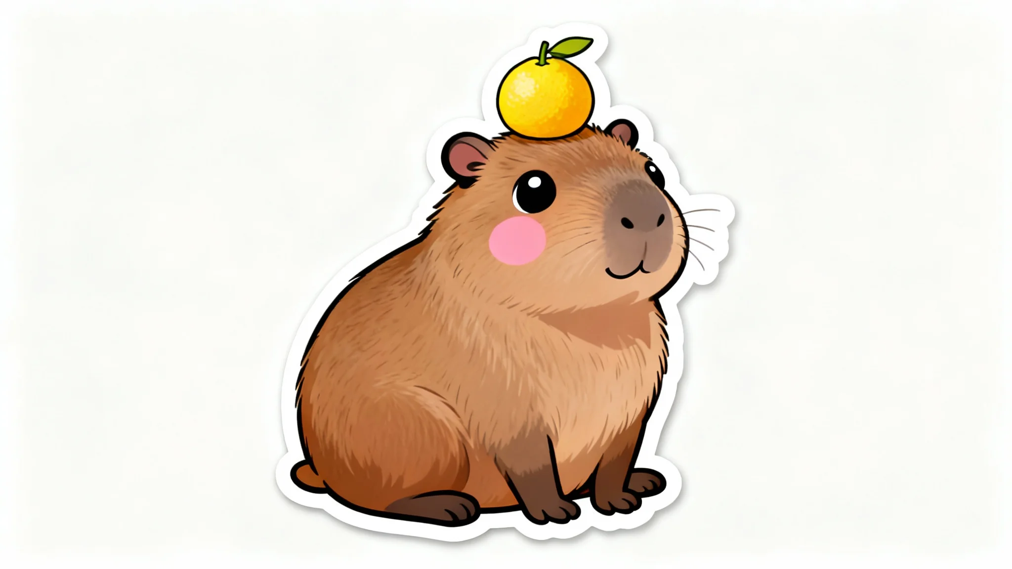 A cute, kawaii-style illustration of a chubby capybara with rosy cheeks sitting happily with a small yuzu fruit on its head, on a white background.