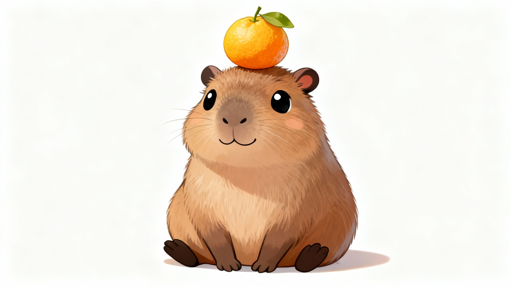 A cute kawaii-style illustration of a capybara with a yuzu on its head, smiling happily against a plain white background.