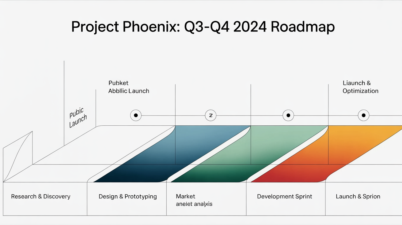 A professionally designed, modern project roadmap timeline for 'Project Phoenix' in a 16:9 format. The infographic uses a clean blue and teal color scheme and shows phases from research to launch with clear milestones and icons.