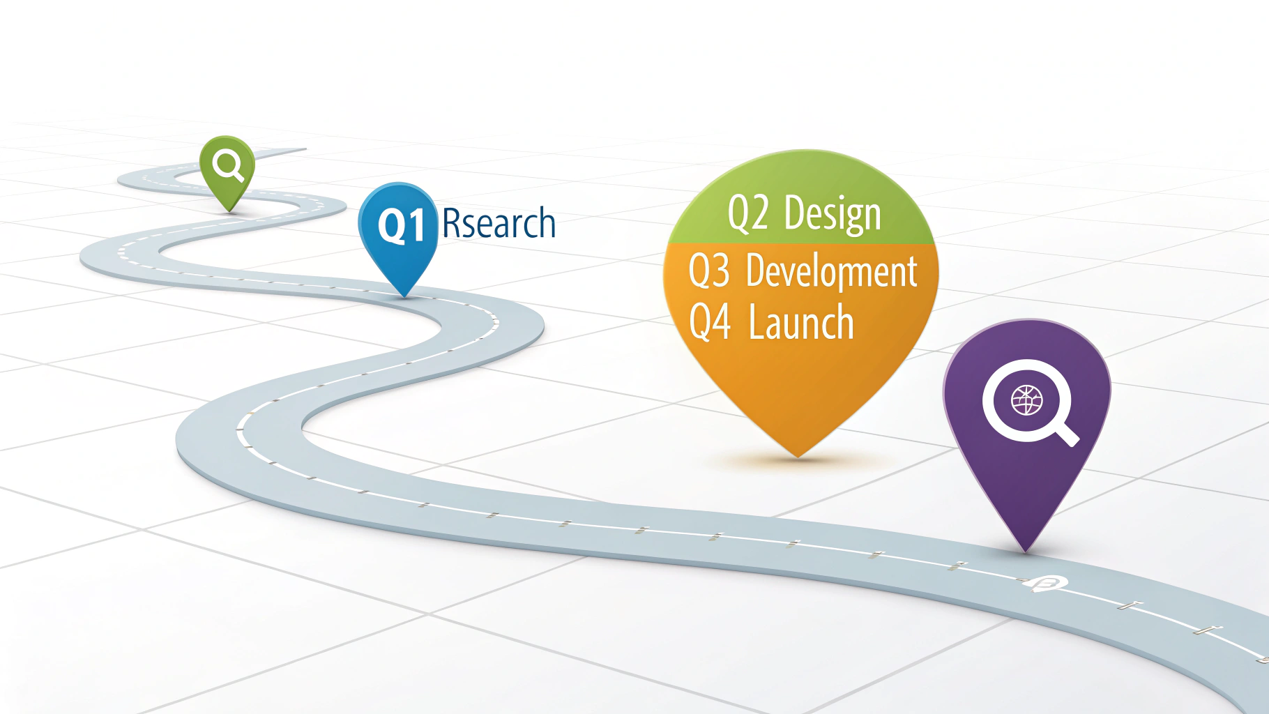 An isometric illustration of a project roadmap timeline, showing a winding path with four colored markers labeled 'Q1 Research', 'Q2 Design', 'Q3 Development', and 'Q4 Launch' to represent project milestones.