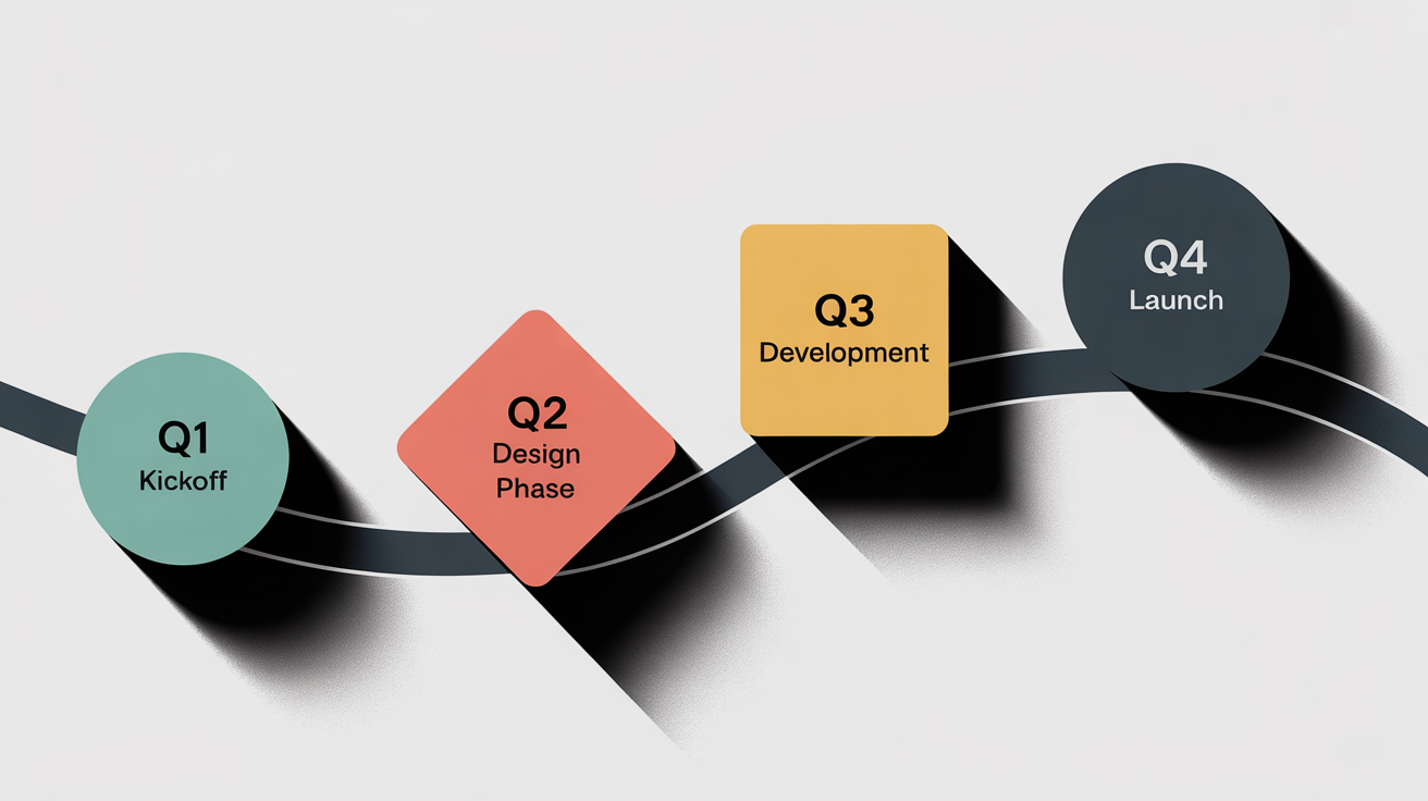 A minimalist graphic of a project roadmap timeline on a white background, showing a path with four milestones labeled Q1 Kickoff, Q2 Design Phase, Q3 Development, and Q4 Launch.