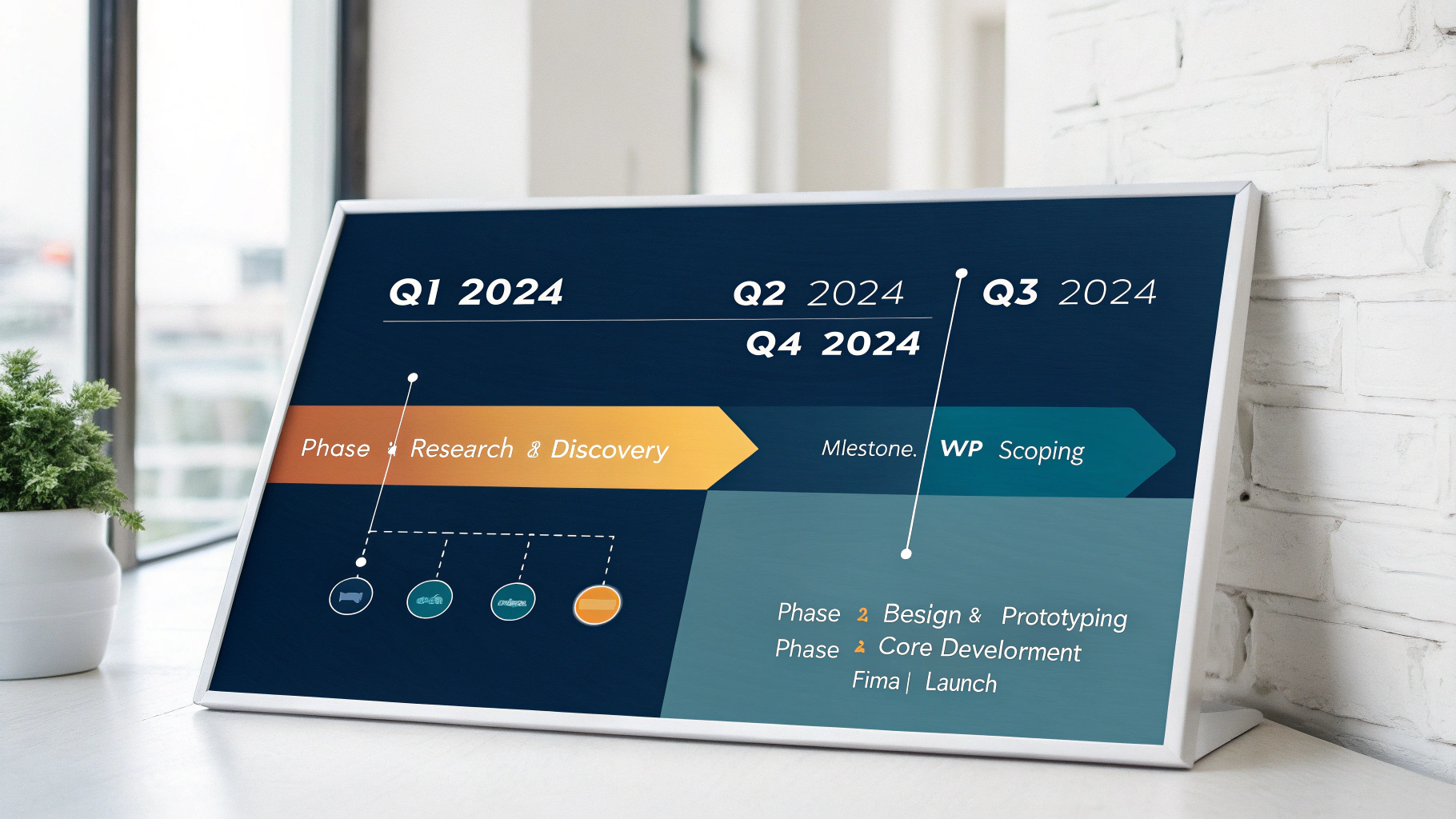A professional and modern project roadmap timeline infographic showing key project phases from Q1 to Q4 2024, including research, design, development, and launch milestones.