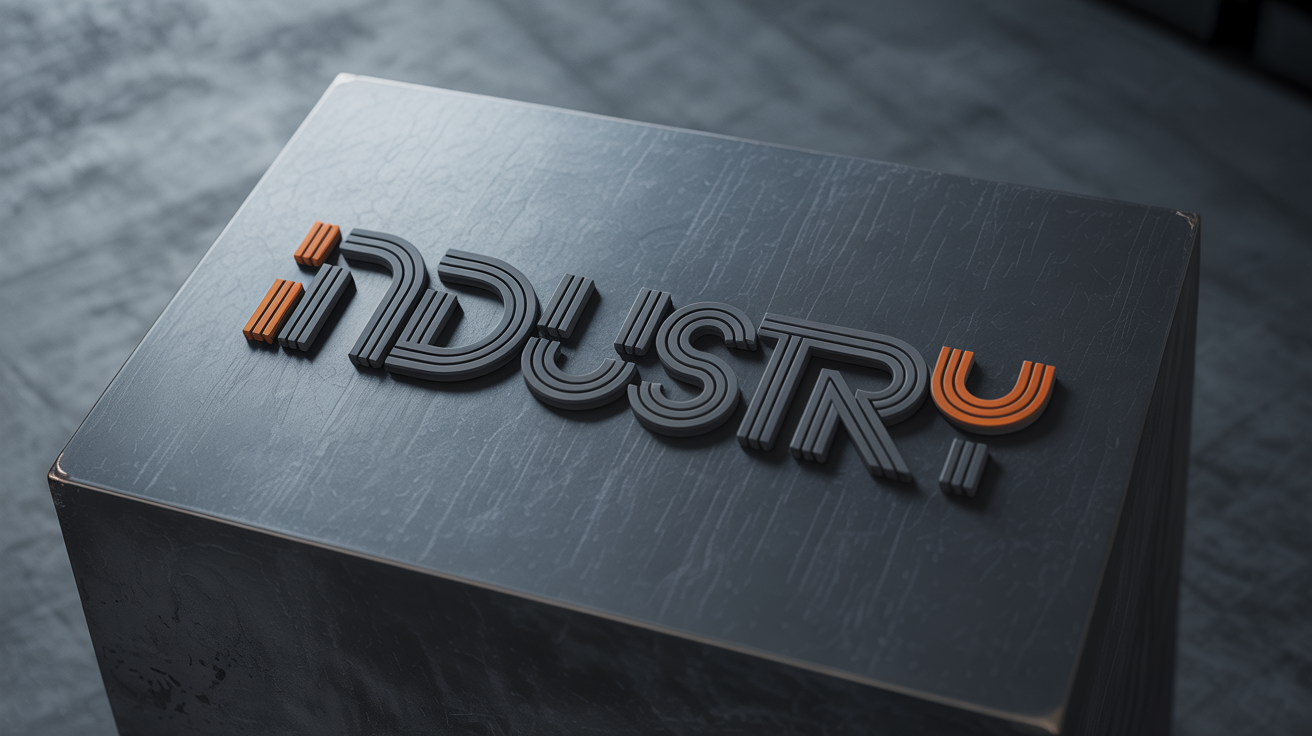 A sleek, modern industrial logo with the word 'INDUSTRY' in gray, black, and orange, mocked up as a 3D sign on a dark metallic wall.