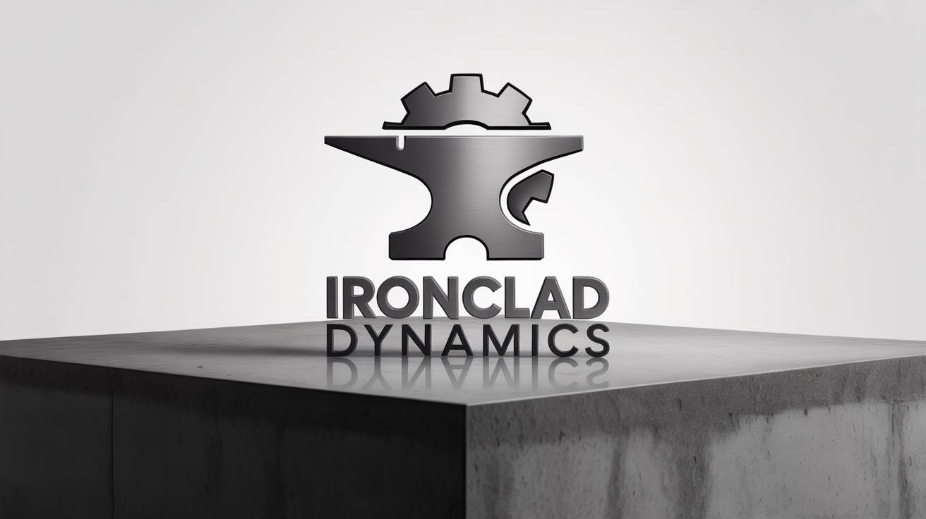 A mockup of an industrial logo for 'IRONCLAD DYNAMICS', featuring a steel gear and anvil symbol on a concrete surface against a white background.