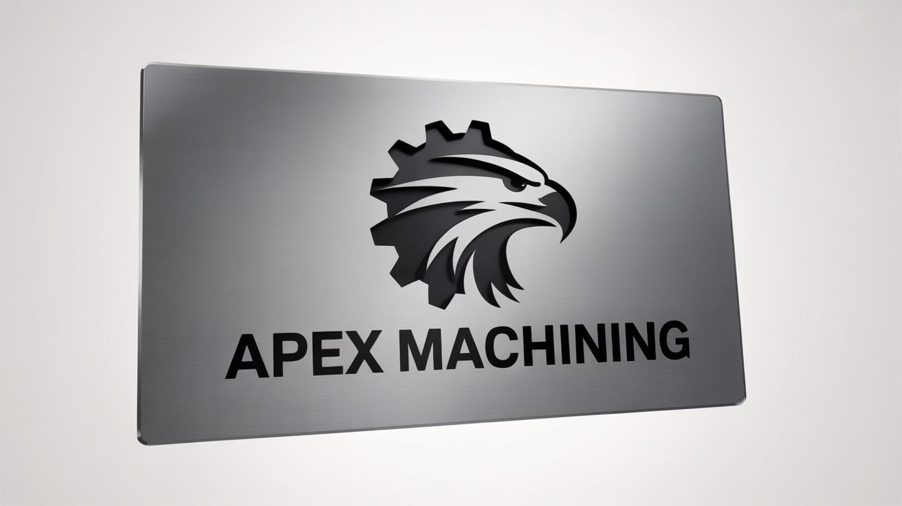 A photorealistic mockup of a 3D industrial logo for 'Apex Machining', featuring a gear and an eagle, etched onto a brushed steel plate against a clean white background.
