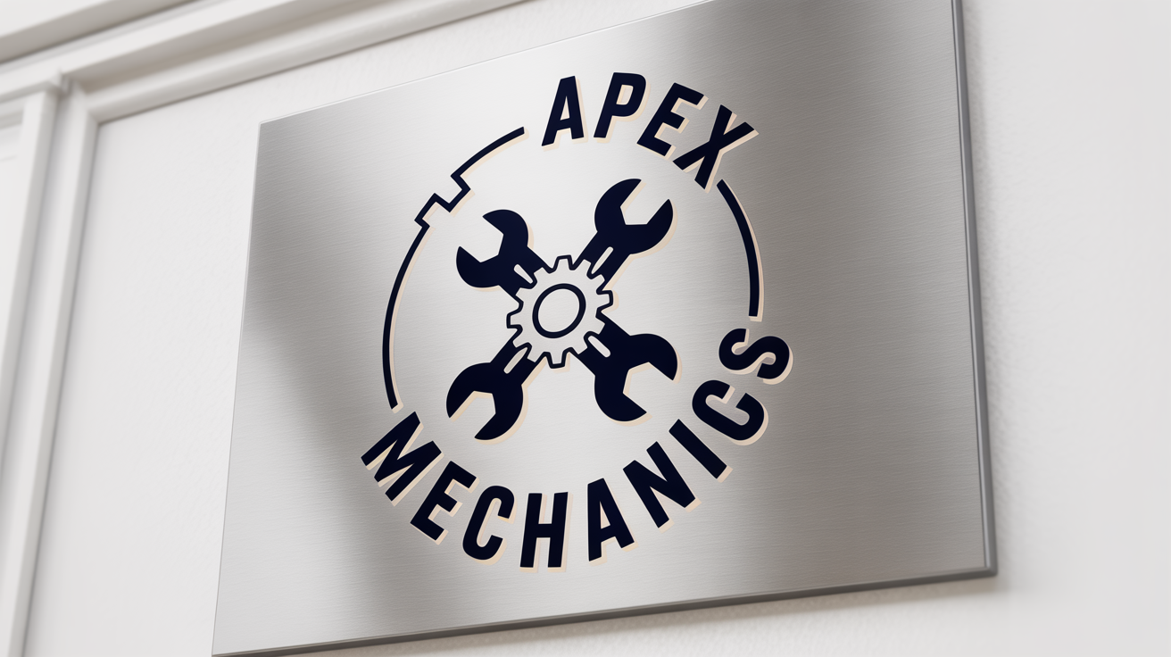 A modern 3D mockup of an industrial logo for 'APEX MECHANICS', featuring a wrench and gear in a circular design on a brushed metal sign against a white background.