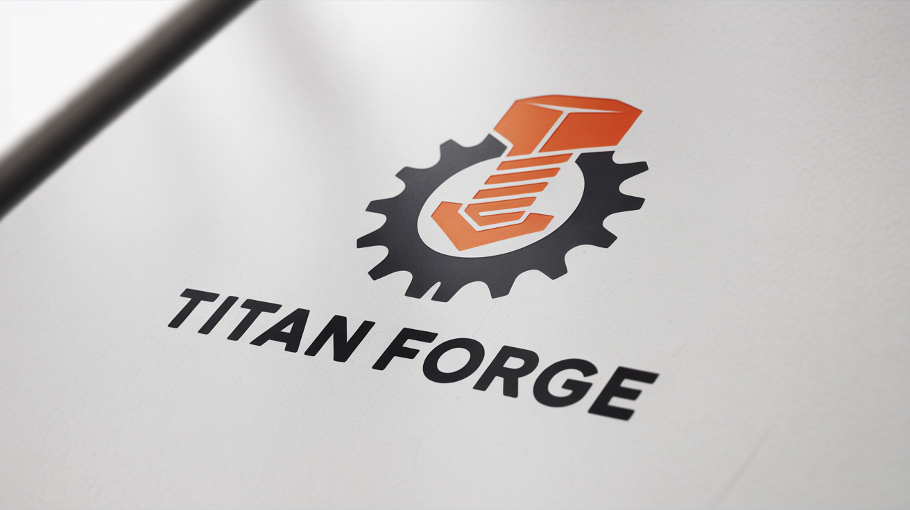 A modern industrial logo for 'TITAN FORGE', featuring a gray and orange gear and bolt icon, presented as a 3D metallic emblem on a white background.