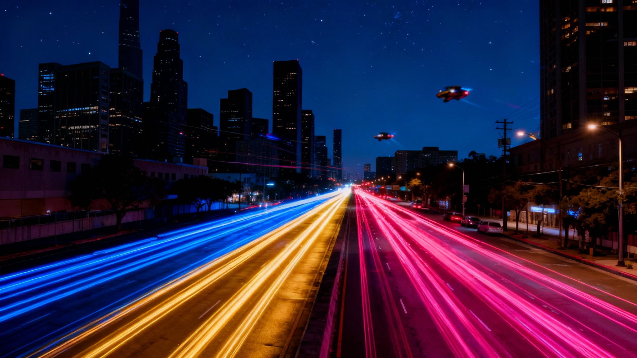 A stunning, professional photograph of a futuristic city at night, showcasing a breathtaking light trail effect with vibrant blue, pink, and yellow streaks of light weaving between skyscrapers.