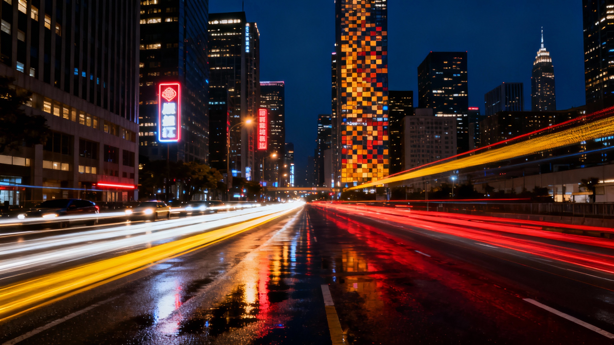 A vibrant, long-exposure photo of city traffic at night, showing bright red and white light trails from cars moving between tall, illuminated buildings.