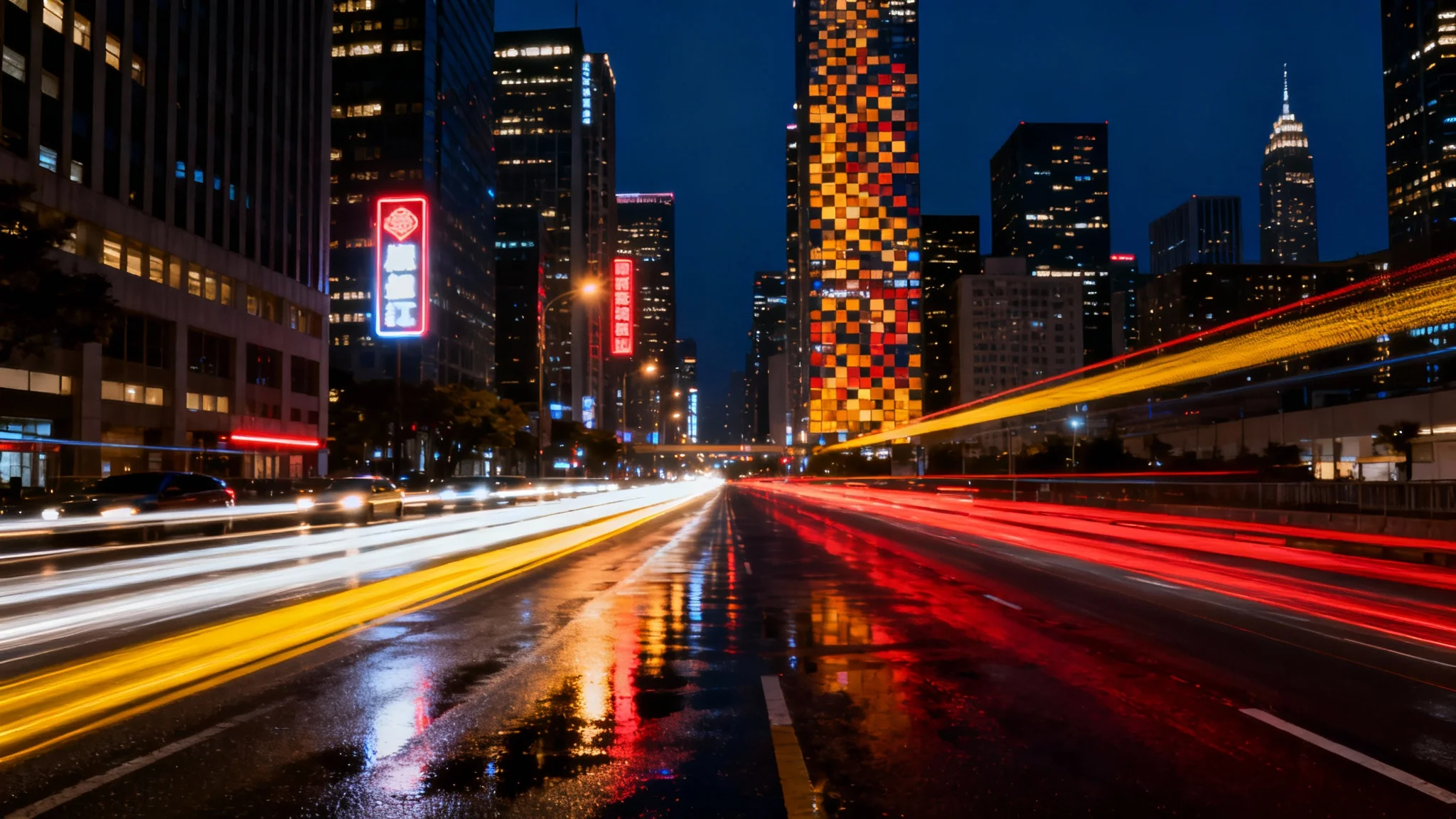 A vibrant, long-exposure photo of city traffic at night, showing bright red and white light trails from cars moving between tall, illuminated buildings.