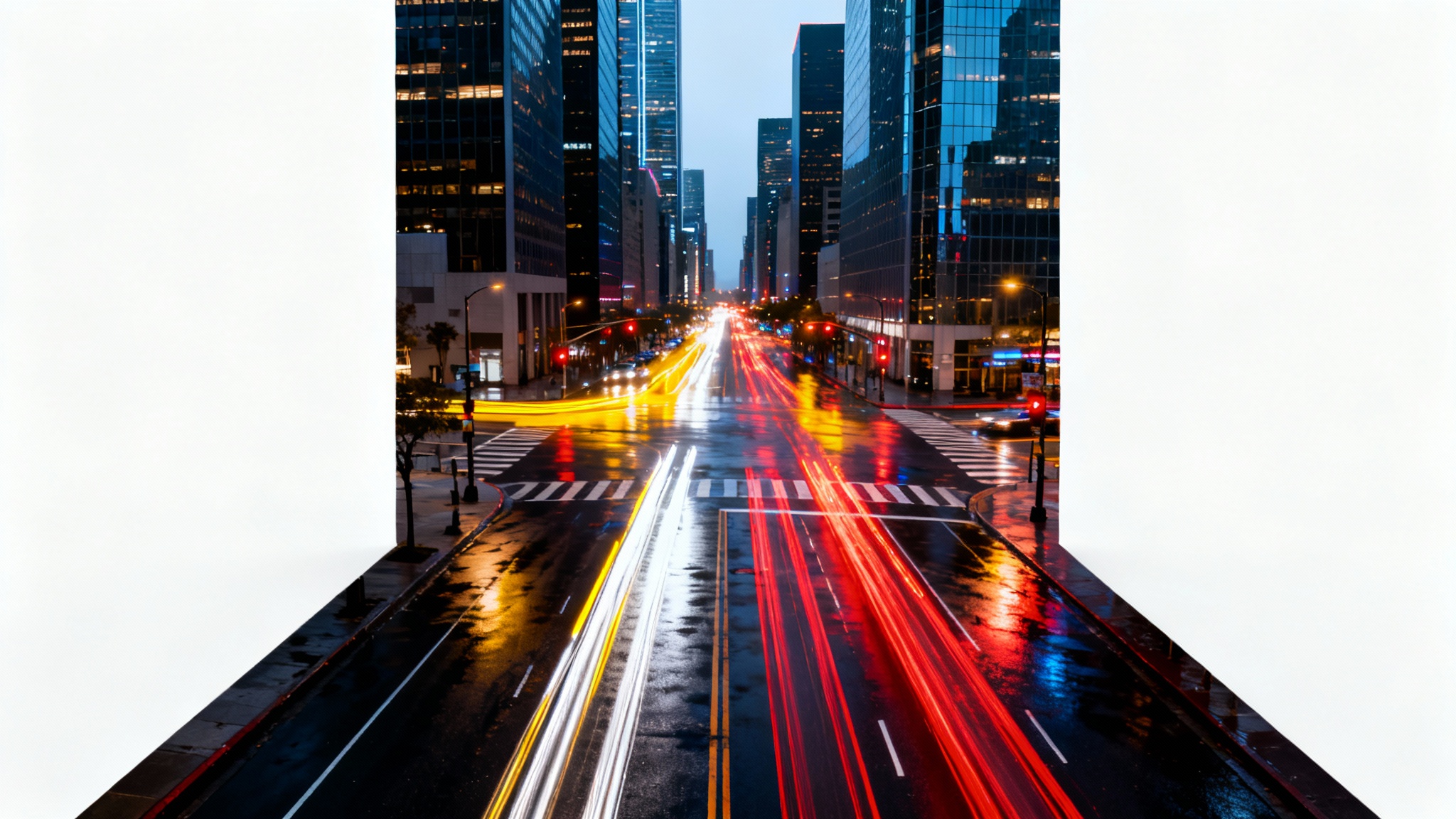 A vibrant, long-exposure photo of a city at night, showing streaks of red and white light from traffic moving between modern buildings, isolated on a white background.