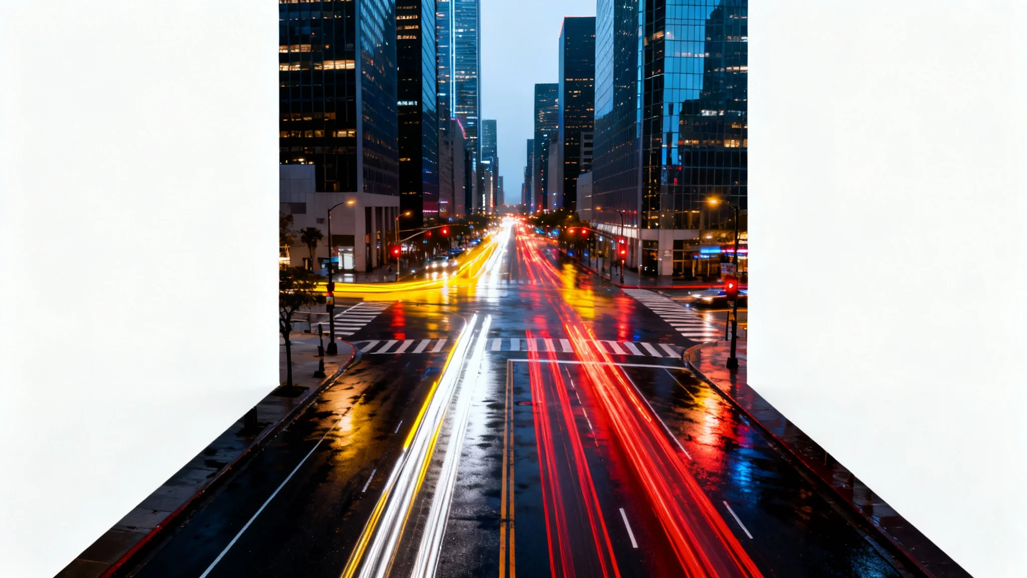 A vibrant, long-exposure photo of a city at night, showing streaks of red and white light from traffic moving between modern buildings, isolated on a white background.