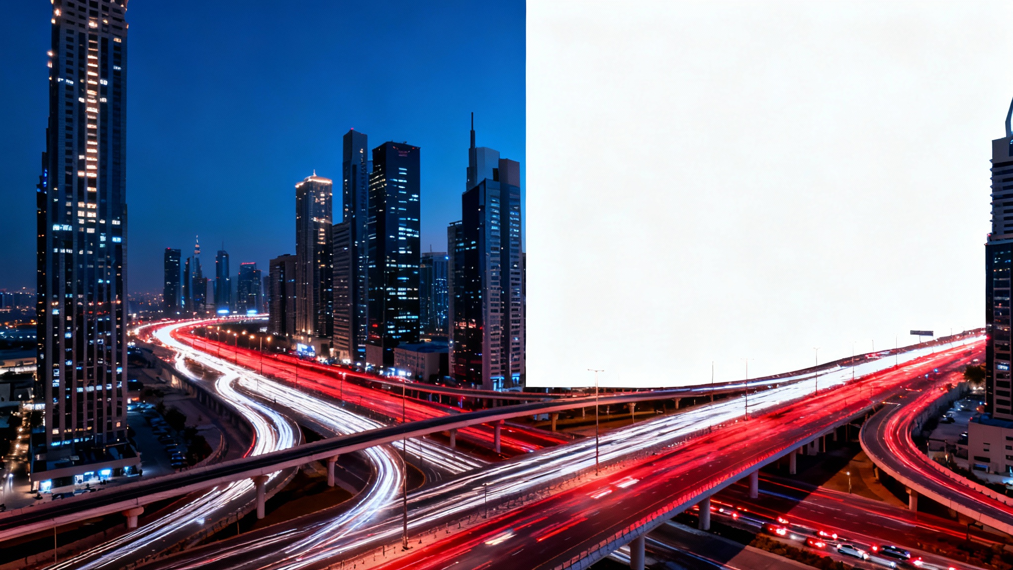 A long-exposure photograph showcasing vibrant red and white light trails from car traffic on a highway at night, set against a clean white background.