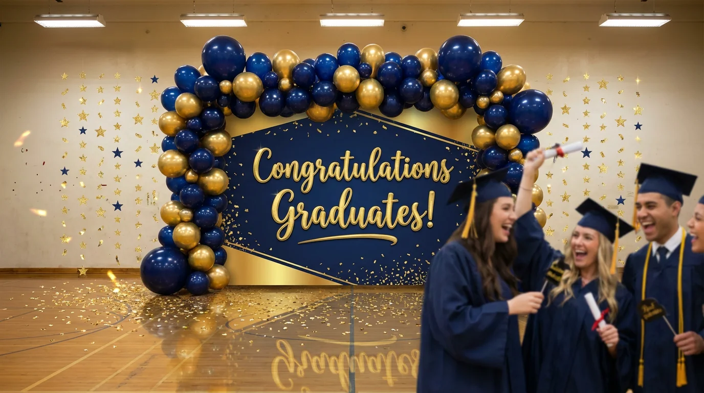 An eye-catching graduation backdrop for a party, featuring a 'Congratulations Graduates!' banner in gold, framed by a blue and gold balloon arch, with celebrating graduates blurred in the foreground.