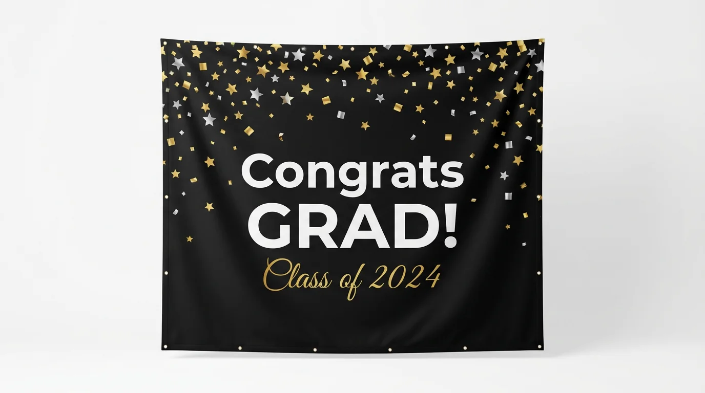 A mockup of a black, gold, and silver graduation party backdrop with the text 'Congrats GRAD! Class of 2024' displayed against a clean white background.