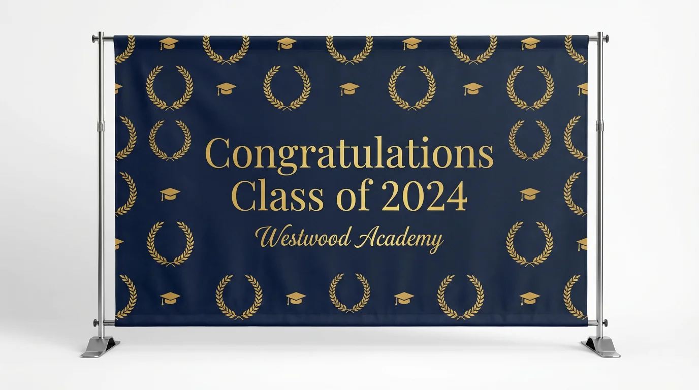 A professional mockup of a graduation backdrop that says 'Congratulations Class of 2024' and 'Westwood Academy', set against a clean white background.