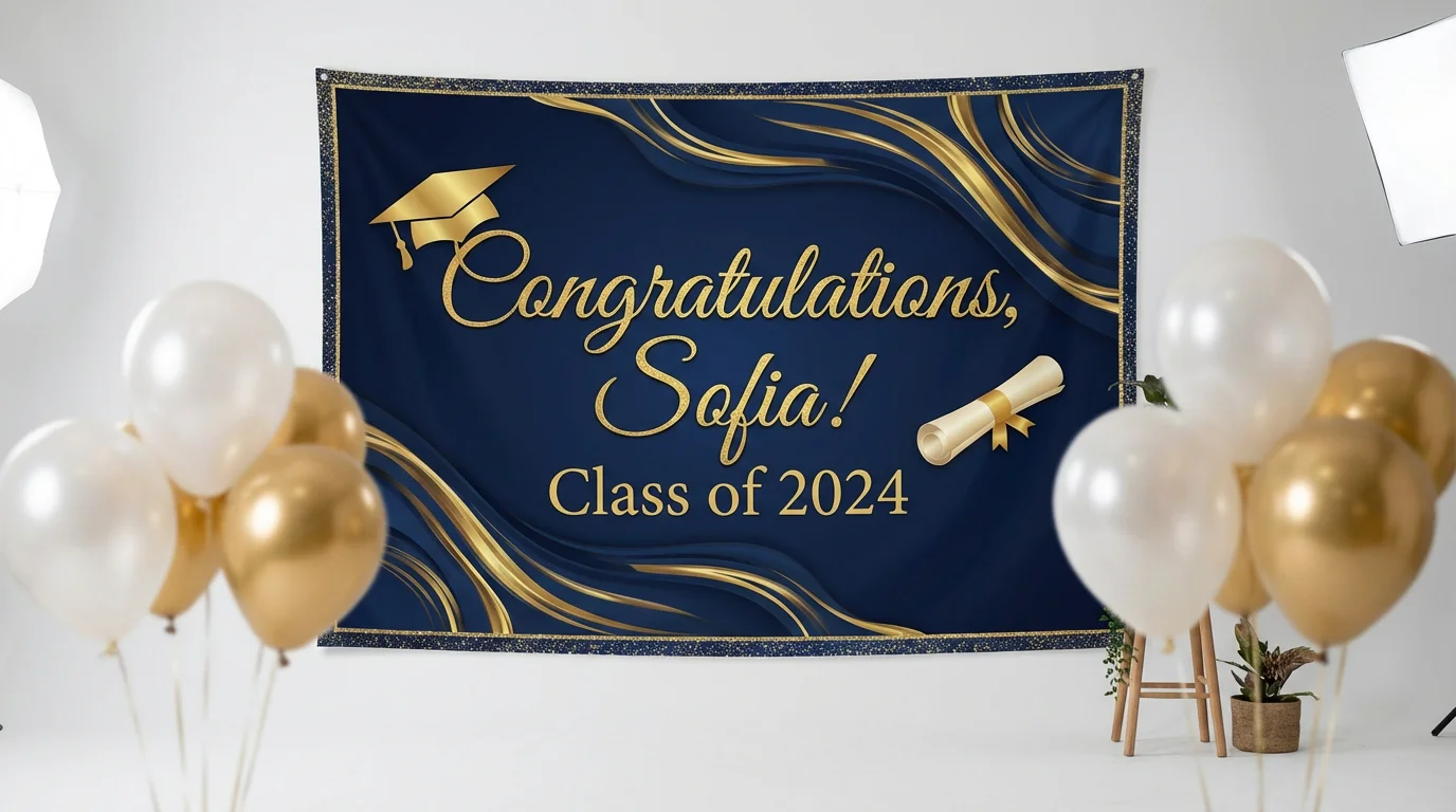 A mockup of a navy blue and gold graduation backdrop with the text 'Congratulations, Sofia!' and 'Class of 2024', displayed in a clean, festive setting.