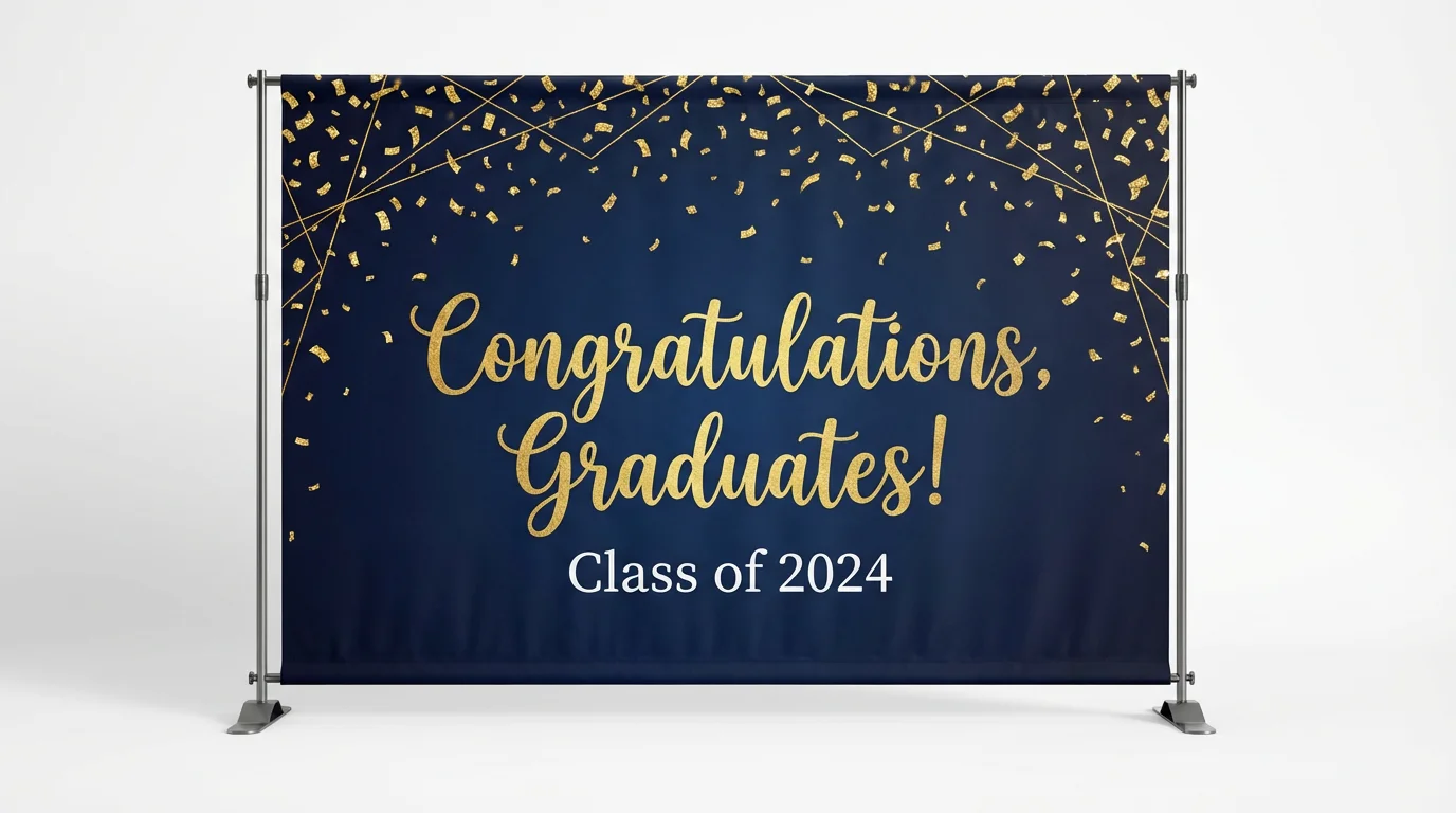 A professional mockup of a navy blue graduation backdrop on a stand, decorated with gold confetti and featuring the text 'Congratulations, Graduates!' and 'Class of 2024'.
