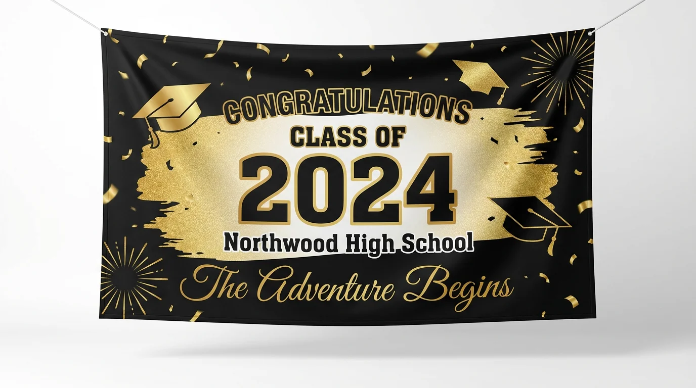 A stylish graduation backdrop for the class of 2024, designed in black, gold, and white, featuring celebratory text and graphics, displayed against a clean white background.