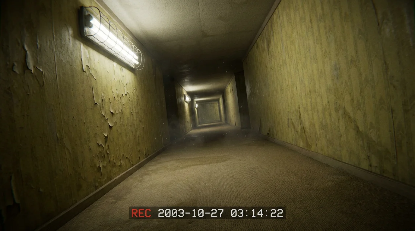 A photorealistic, eye-catching hero image of an endless corridor in the Backrooms. The walls are covered in peeling yellow wallpaper, and flickering fluorescent lights on the ceiling cast long, eerie shadows down the hall. The carpet is damp and stained, adding to the unsettling and liminal atmosphere.