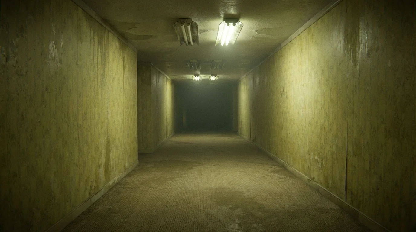 A photorealistic image of a desolate, endless hallway characteristic of the 'Backrooms' aesthetic, with yellow wallpaper, damp carpet, and flickering fluorescent lights.